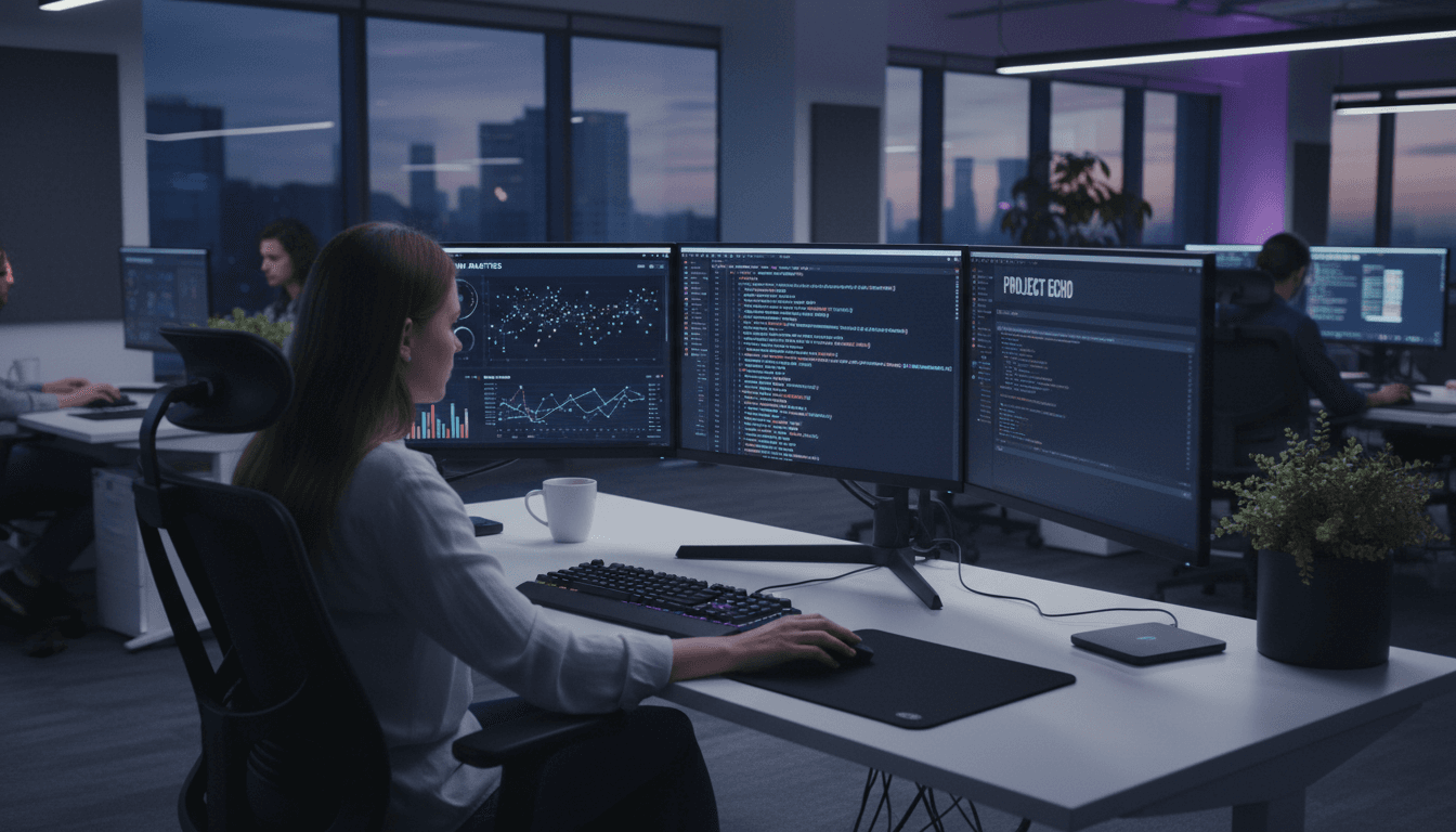 Developer working on multiple monitors displaying code and data visualizations in modern office