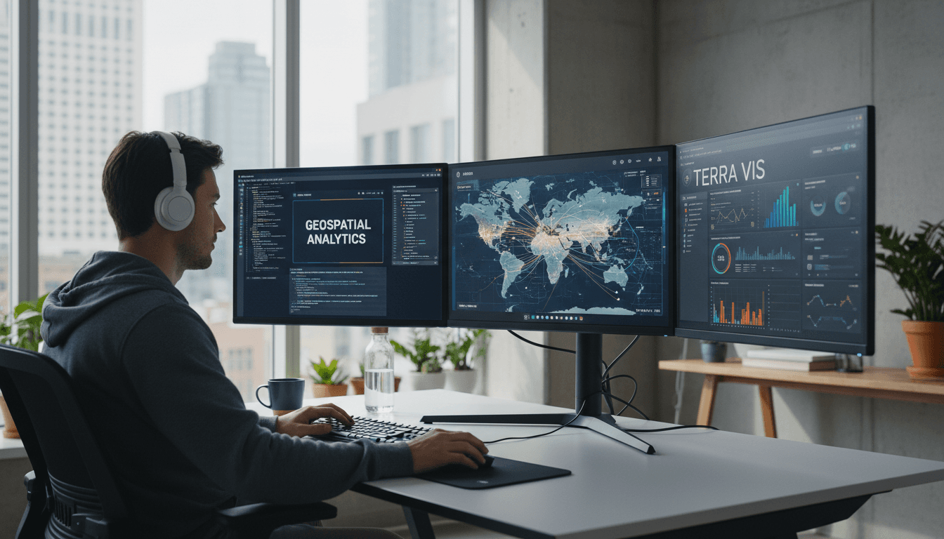 Software developer working on geospatial data on monitors