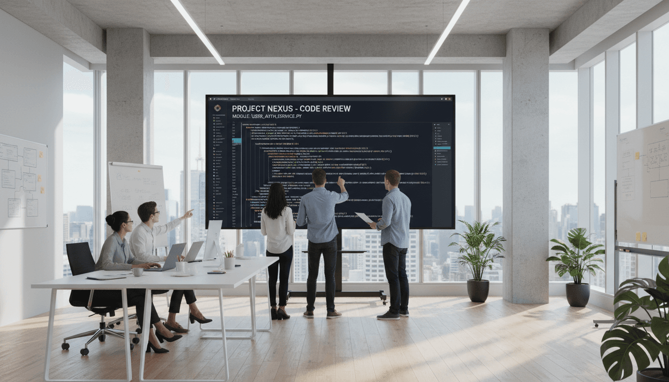 Software engineering team reviewing code on large screen in bright modern office