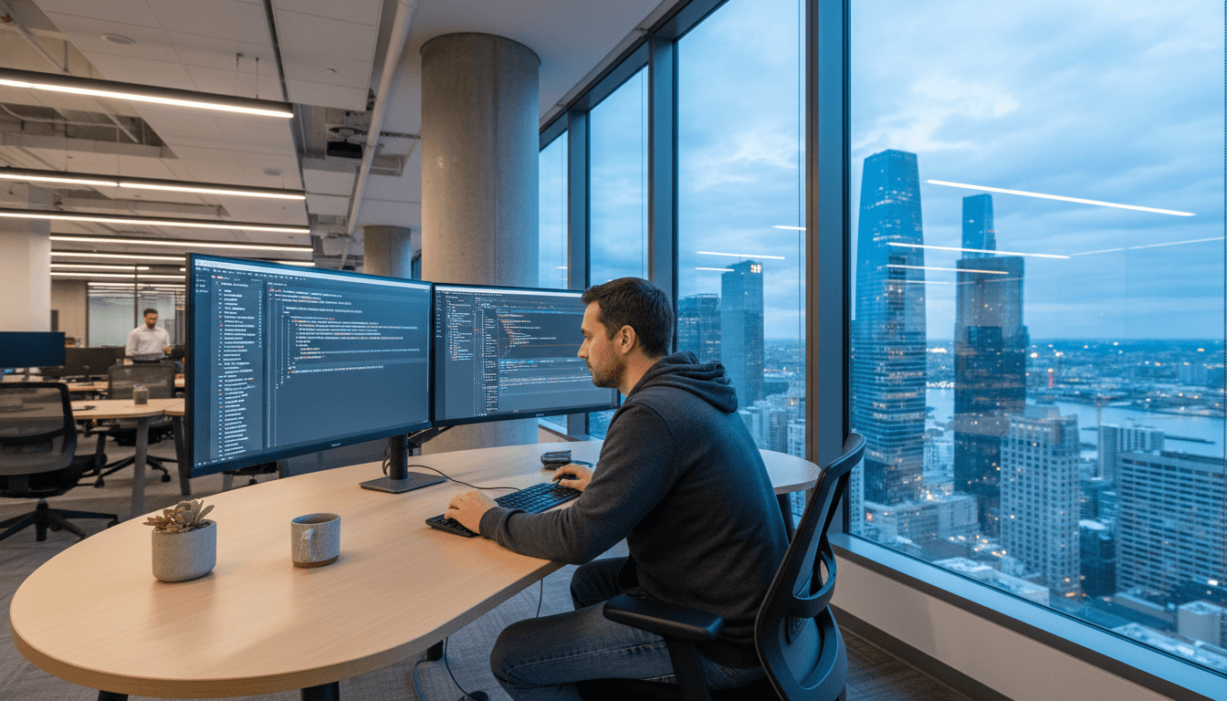 software developer reviewing code on dual monitors