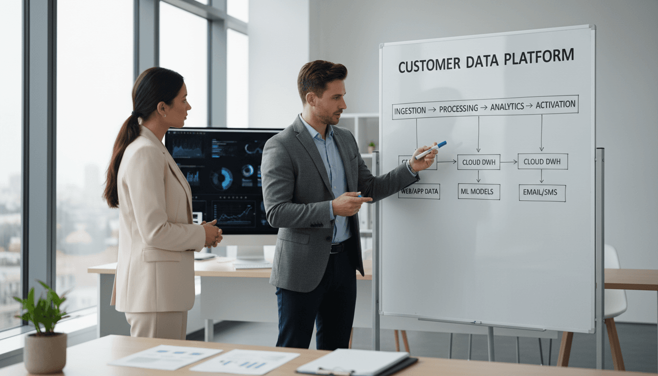 Technical consultant explaining data flow to client on whiteboard in clean office
